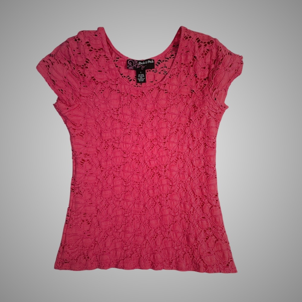 Peck & Peck Womens Pink Floral Lace Cap Sleeve Scoop Neck Blouse Top Large USA